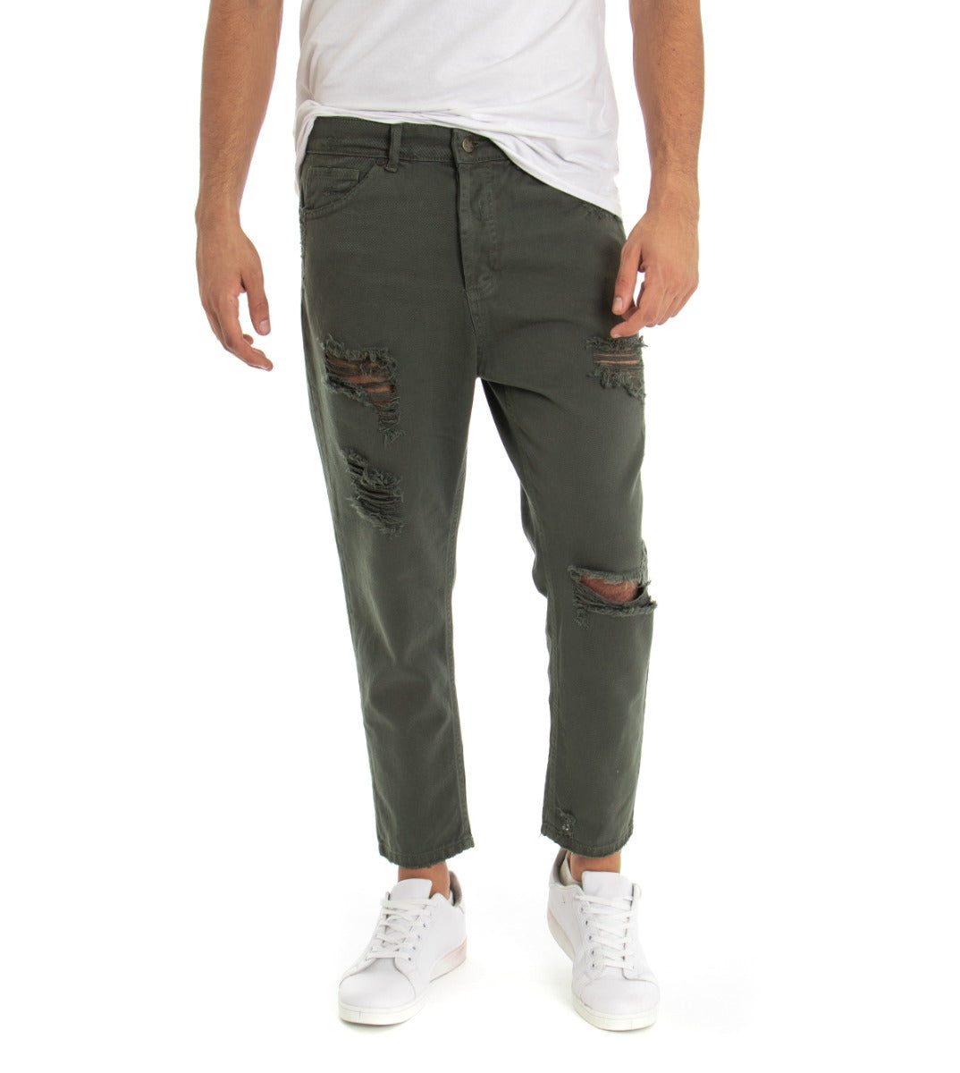 Jeans Uomo Loose Fit Pantaloni Con Rotture Casual Basic Verde P3281A