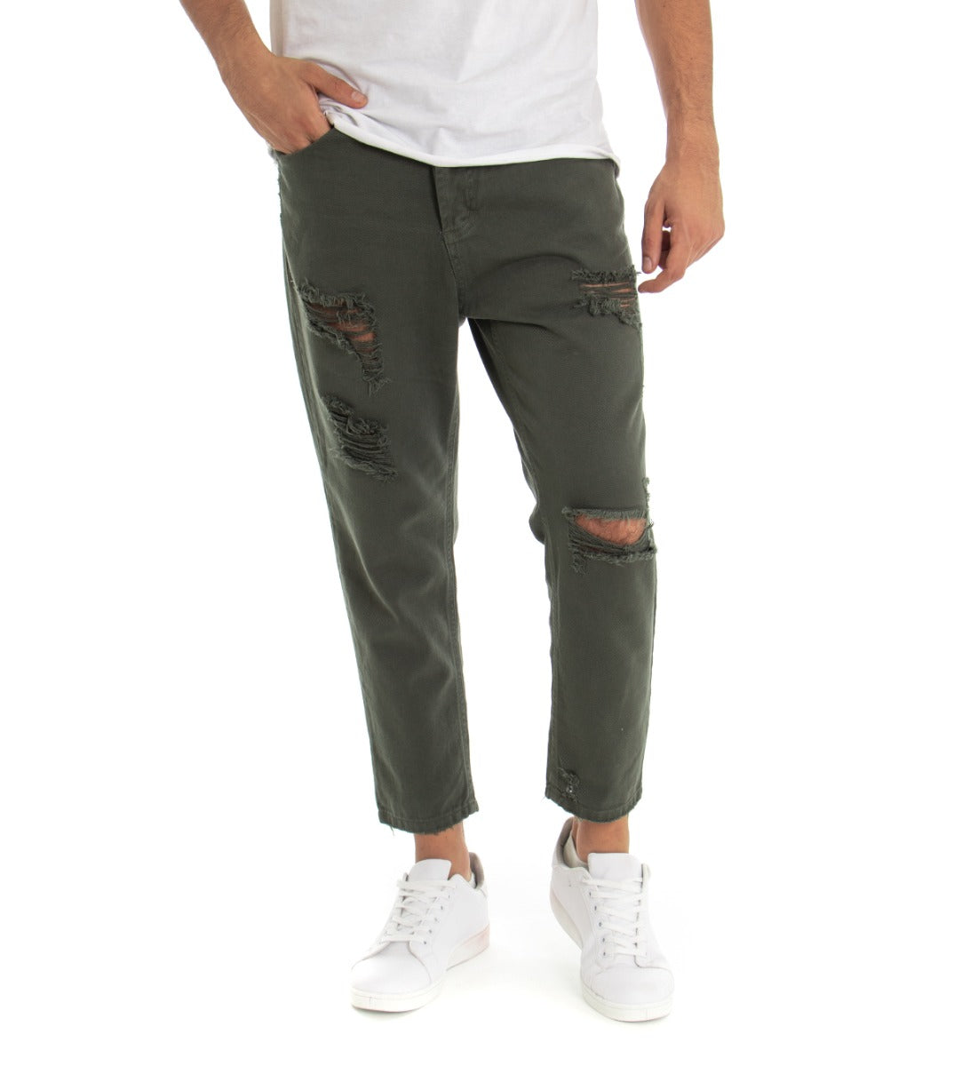 Jeans Uomo Loose Fit Pantaloni Con Rotture Casual Basic Verde P3281A