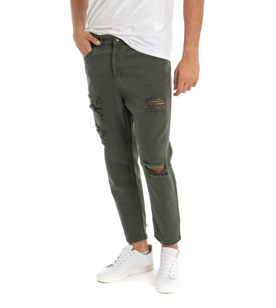 Jeans Uomo Loose Fit Pantaloni Con Rotture Casual Basic Verde P3281A