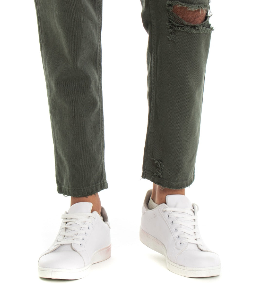 Jeans Uomo Loose Fit Pantaloni Con Rotture Casual Basic Verde P3281A
