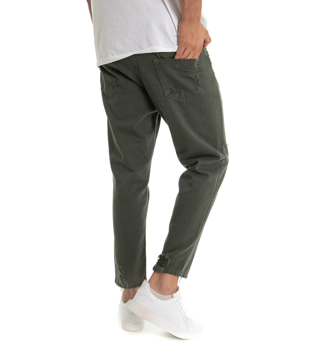 Jeans Uomo Loose Fit Pantaloni Con Rotture Casual Basic Verde P3281A