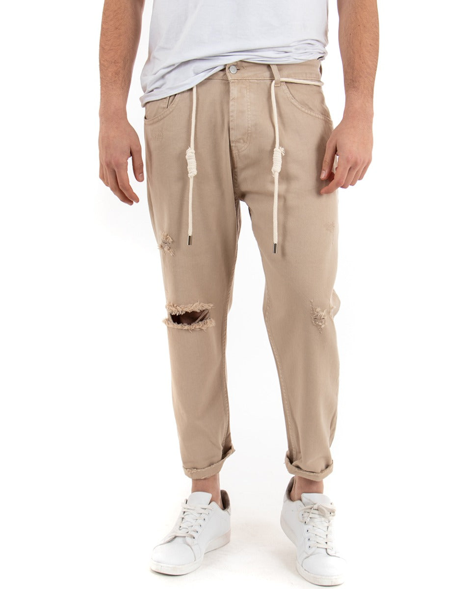 Pantaloni Jeans Uomo Loose Fit Beige Con Rotture Cinque Tasche Casual GIOSAL-P3384A