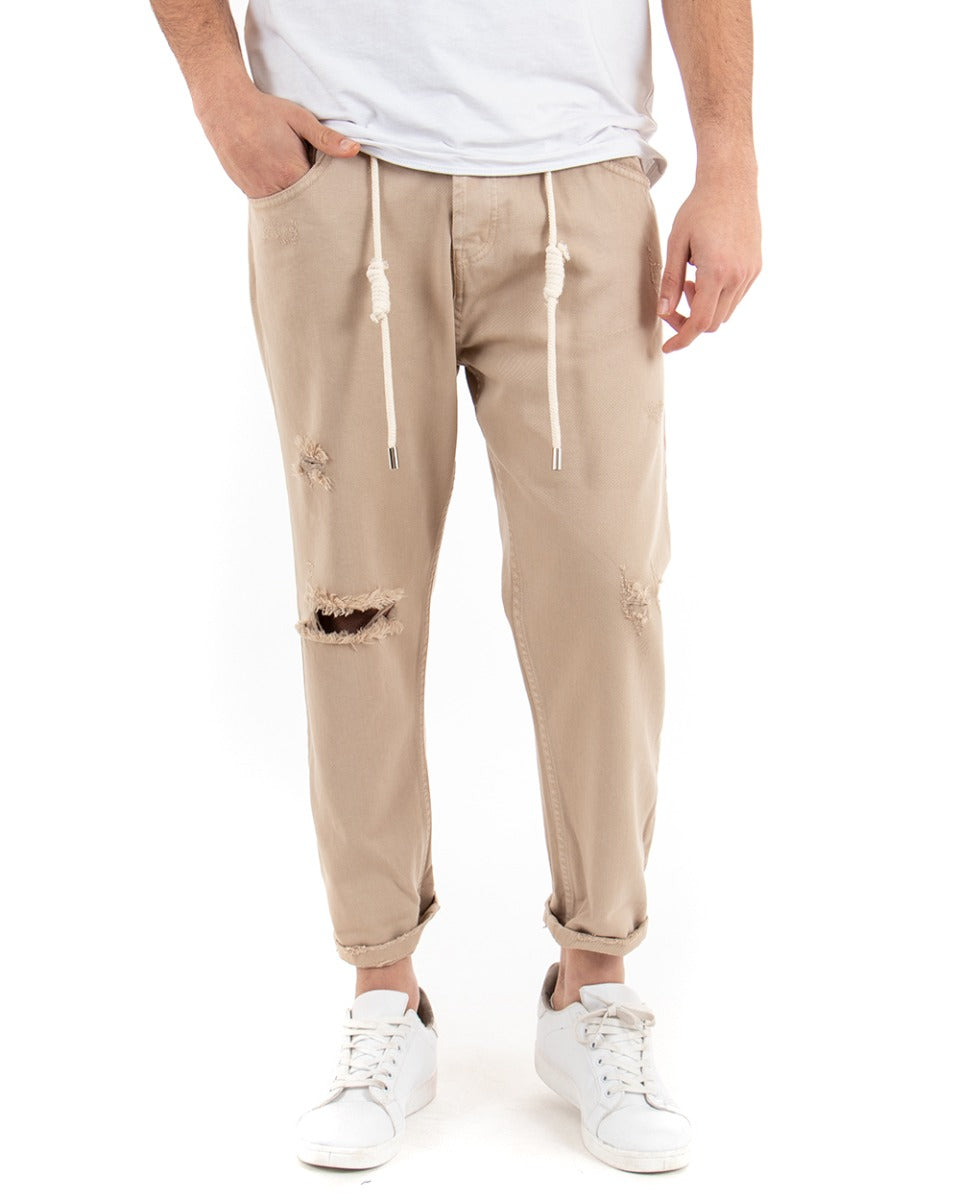 Pantaloni Jeans Uomo Loose Fit Beige Con Rotture Cinque Tasche Casual GIOSAL-P3384A