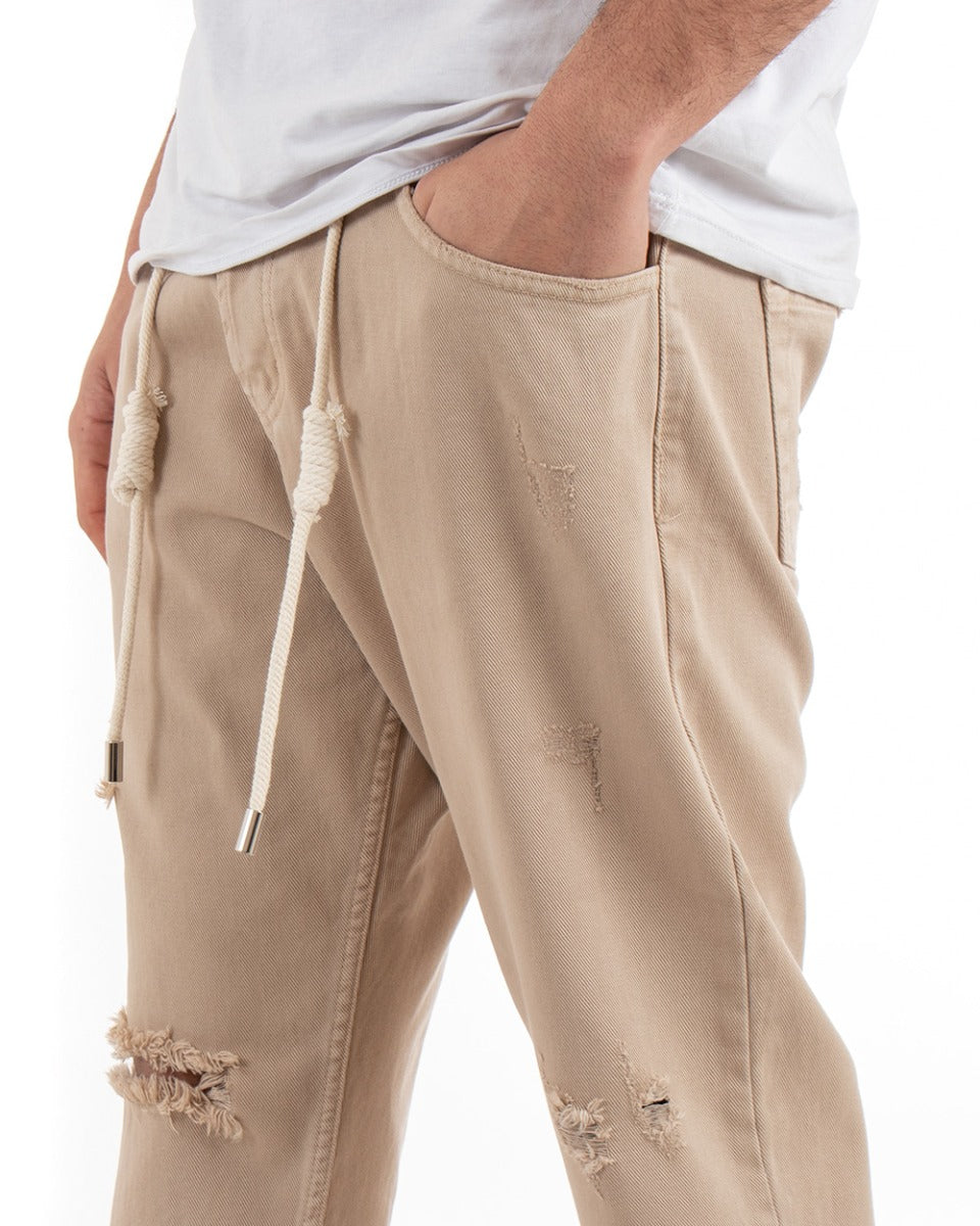 Pantaloni Jeans Uomo Loose Fit Beige Con Rotture Cinque Tasche Casual GIOSAL-P3384A