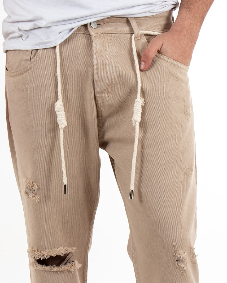 Pantaloni Jeans Uomo Loose Fit Beige Con Rotture Cinque Tasche Casual GIOSAL-P3384A
