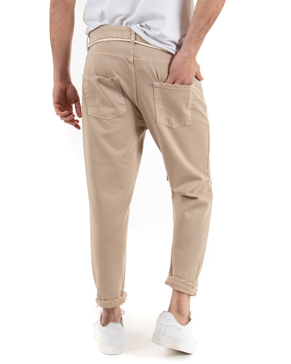 Pantaloni Jeans Uomo Loose Fit Beige Con Rotture Cinque Tasche Casual GIOSAL-P3384A
