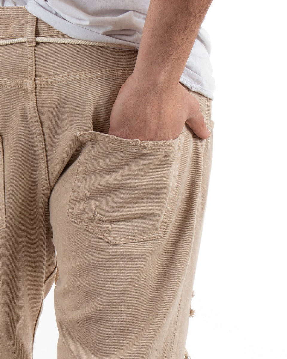 Pantaloni Jeans Uomo Loose Fit Beige Con Rotture Cinque Tasche Casual GIOSAL-P3384A