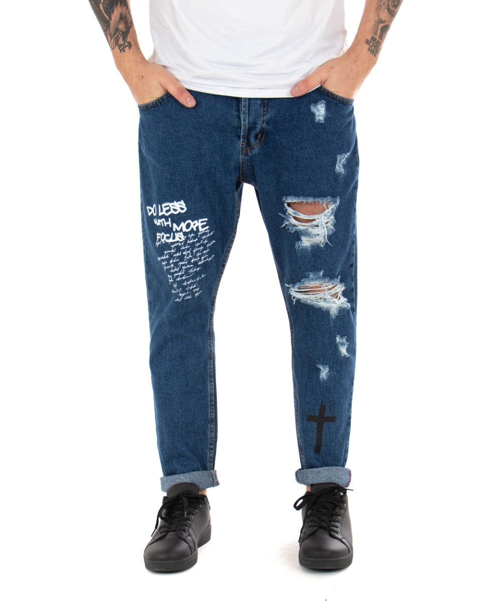 Pantaloni Jeans Uomo Loose Fit Denim Scuro Stampa Cinque Tasche Casual GIOSAL-P3424A
