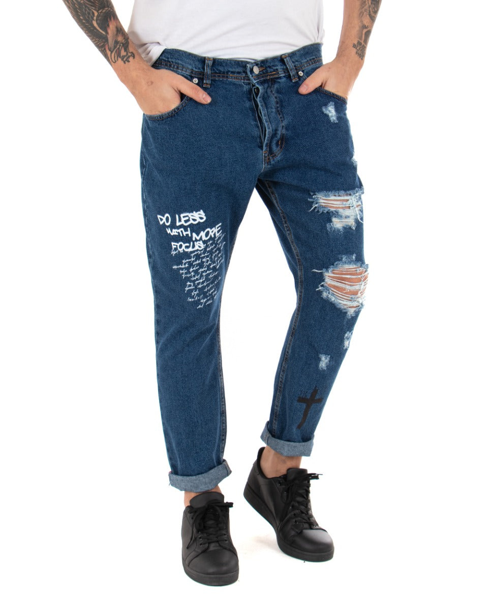 Pantaloni Jeans Uomo Loose Fit Denim Scuro Stampa Cinque Tasche Casual GIOSAL-P3424A