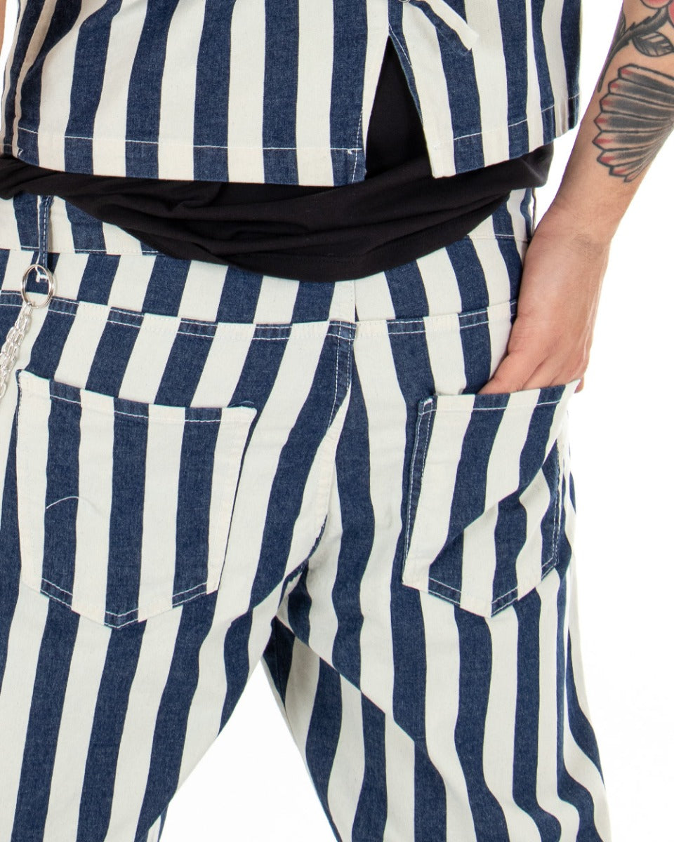 Pantaloni Uomo Cinque Tasche Rigato Righe Blu Bianco Casual GIOSAL-P3511A
