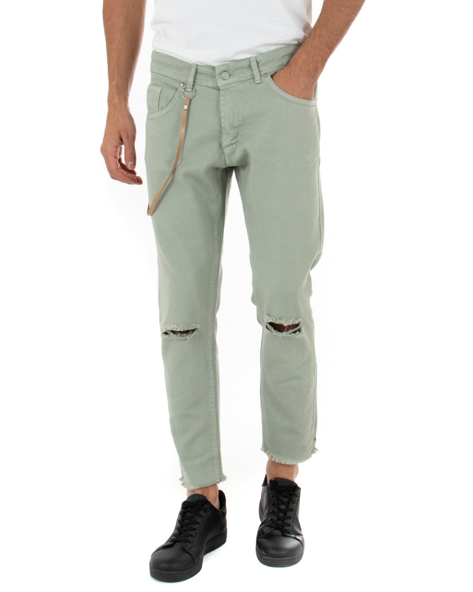 Pantaloni Jeans Con Taglio Al Ginocchio Uomo Slim Fit Basic Verde Chiaro Casual GIOSAL-P3539A