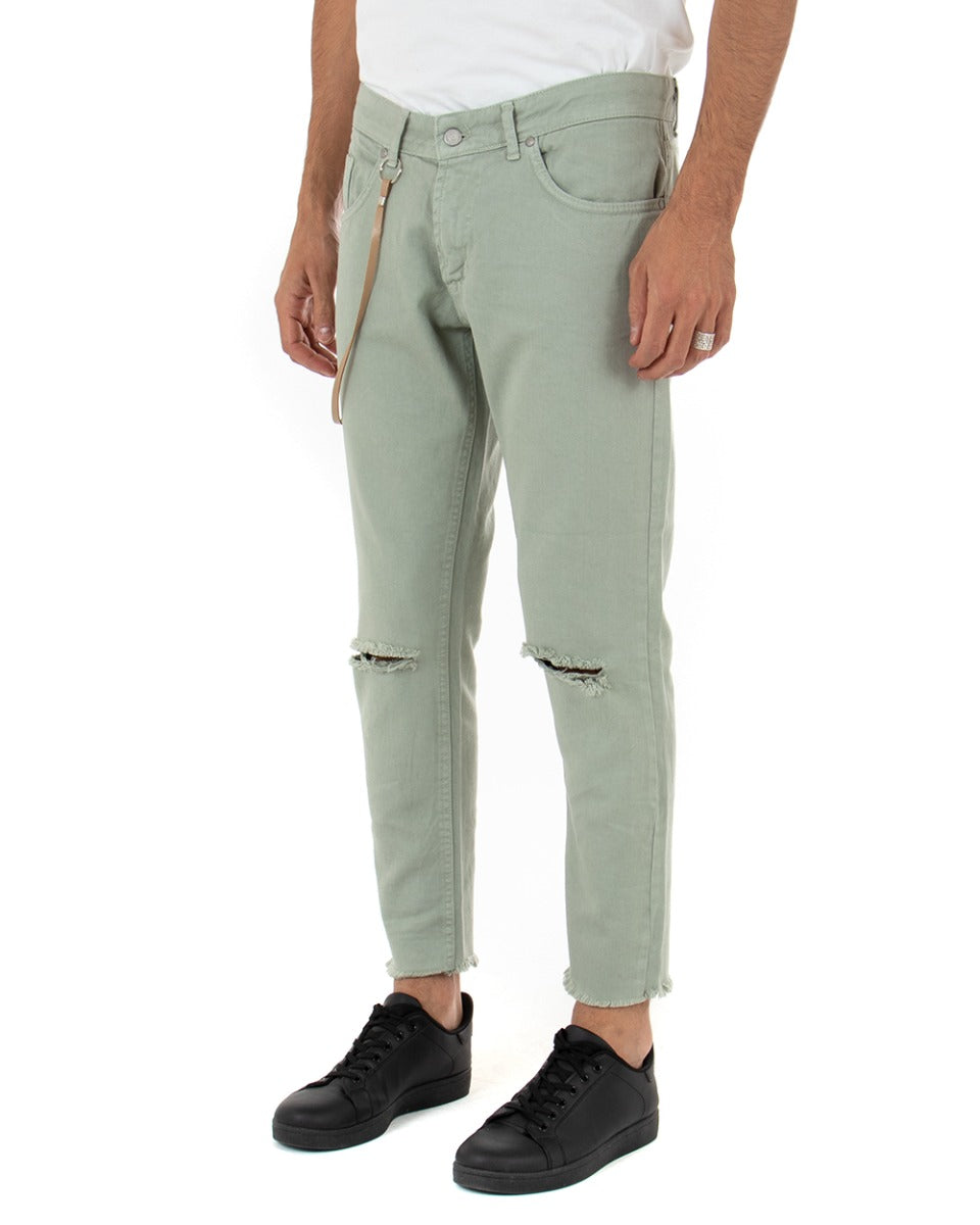 Pantaloni Jeans Con Taglio Al Ginocchio Uomo Slim Fit Basic Verde Chiaro Casual GIOSAL-P3539A