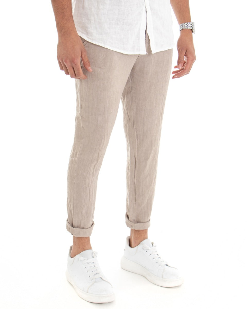 Pantaloni Uomo Tasca America Lino Tinta Unita Beige Casual Laccio GIOSAL-P3745A