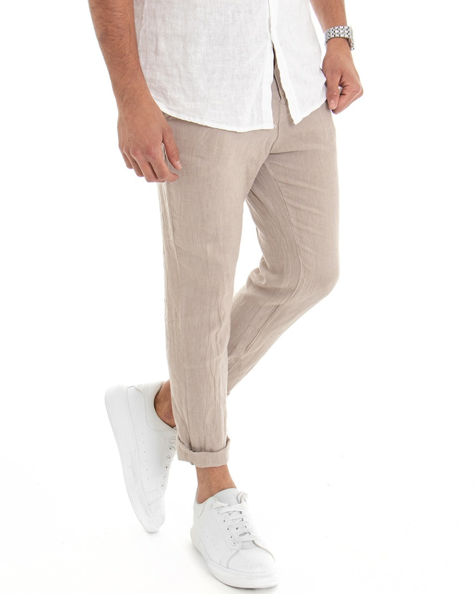 Pantaloni Uomo Tasca America Lino Tinta Unita Beige Casual Laccio GIOSAL-P3745A
