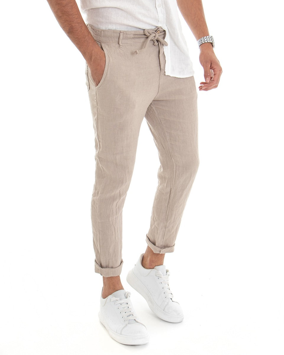 Pantaloni Uomo Tasca America Lino Tinta Unita Beige Casual Laccio GIOSAL-P3745A