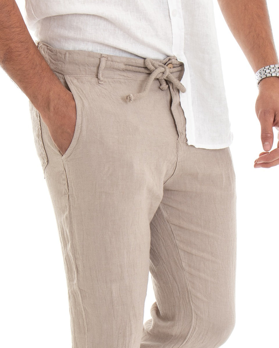 Pantaloni Uomo Tasca America Lino Tinta Unita Beige Casual Laccio GIOSAL-P3745A