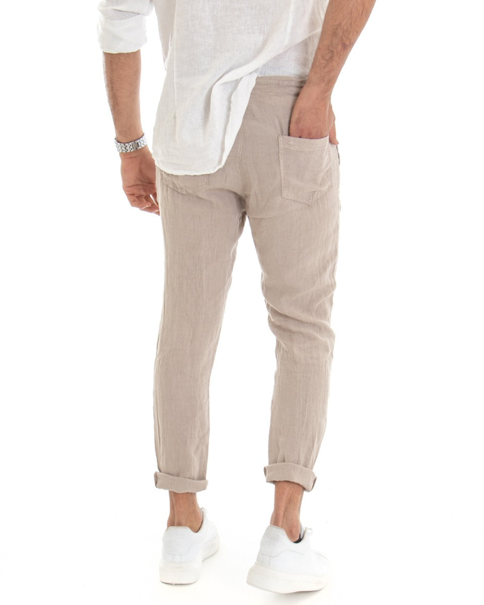 Pantaloni Uomo Tasca America Lino Tinta Unita Beige Casual Laccio GIOSAL-P3745A