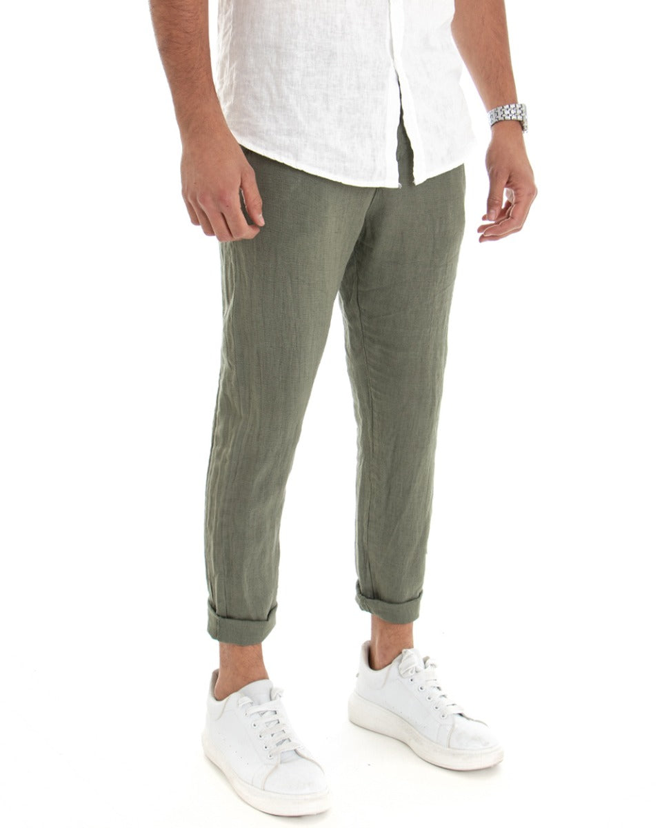 Pantaloni Uomo Tasca America Lino Tinta Unita Verde Casual Laccio GIOSAL-P3746A