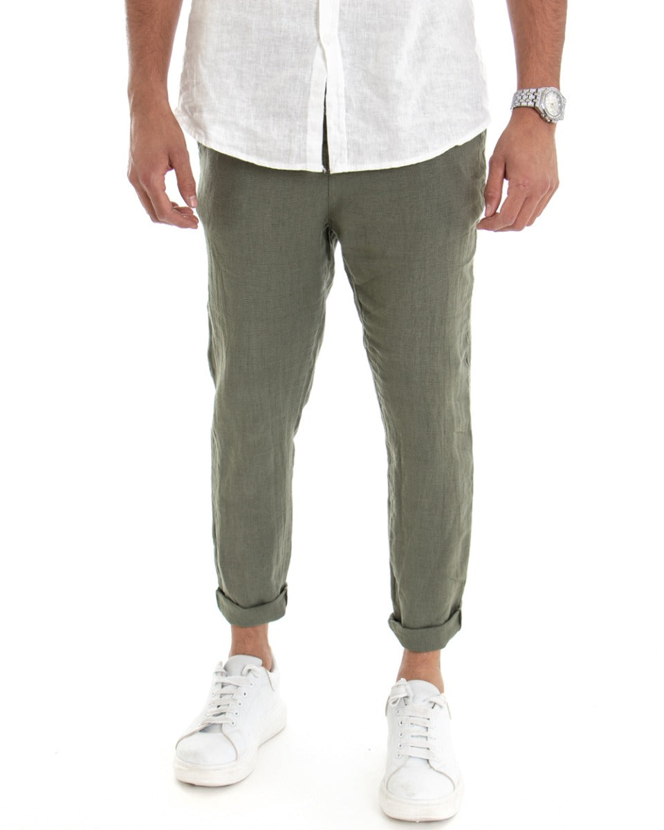 Pantaloni Uomo Tasca America Lino Tinta Unita Verde Casual Laccio GIOSAL-P3746A