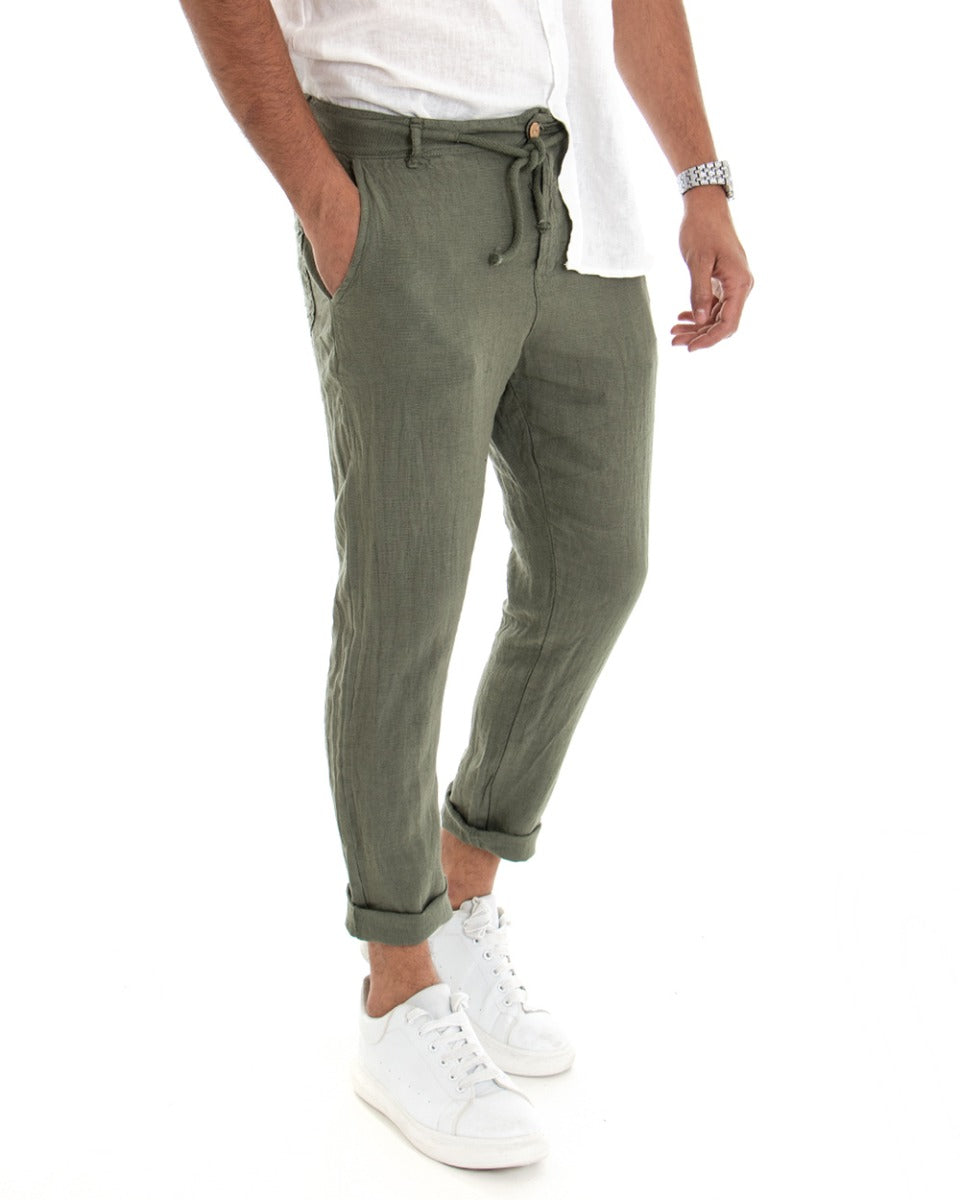 Pantaloni Uomo Tasca America Lino Tinta Unita Verde Casual Laccio GIOSAL-P3746A