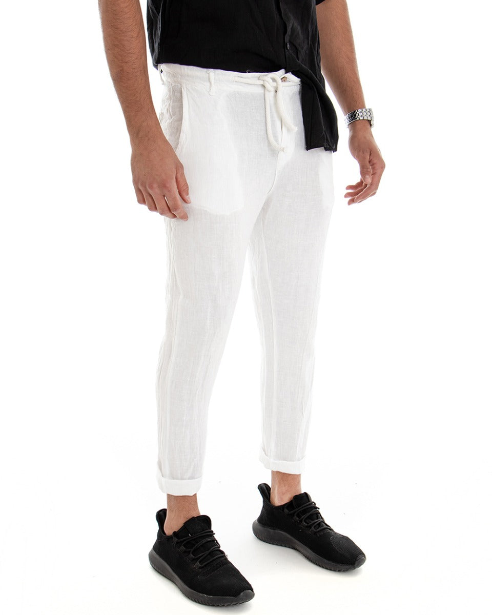 Pantaloni Uomo Tasca America Lino Tinta Unita Bianco Casual Laccio GIOSAL-P3747A