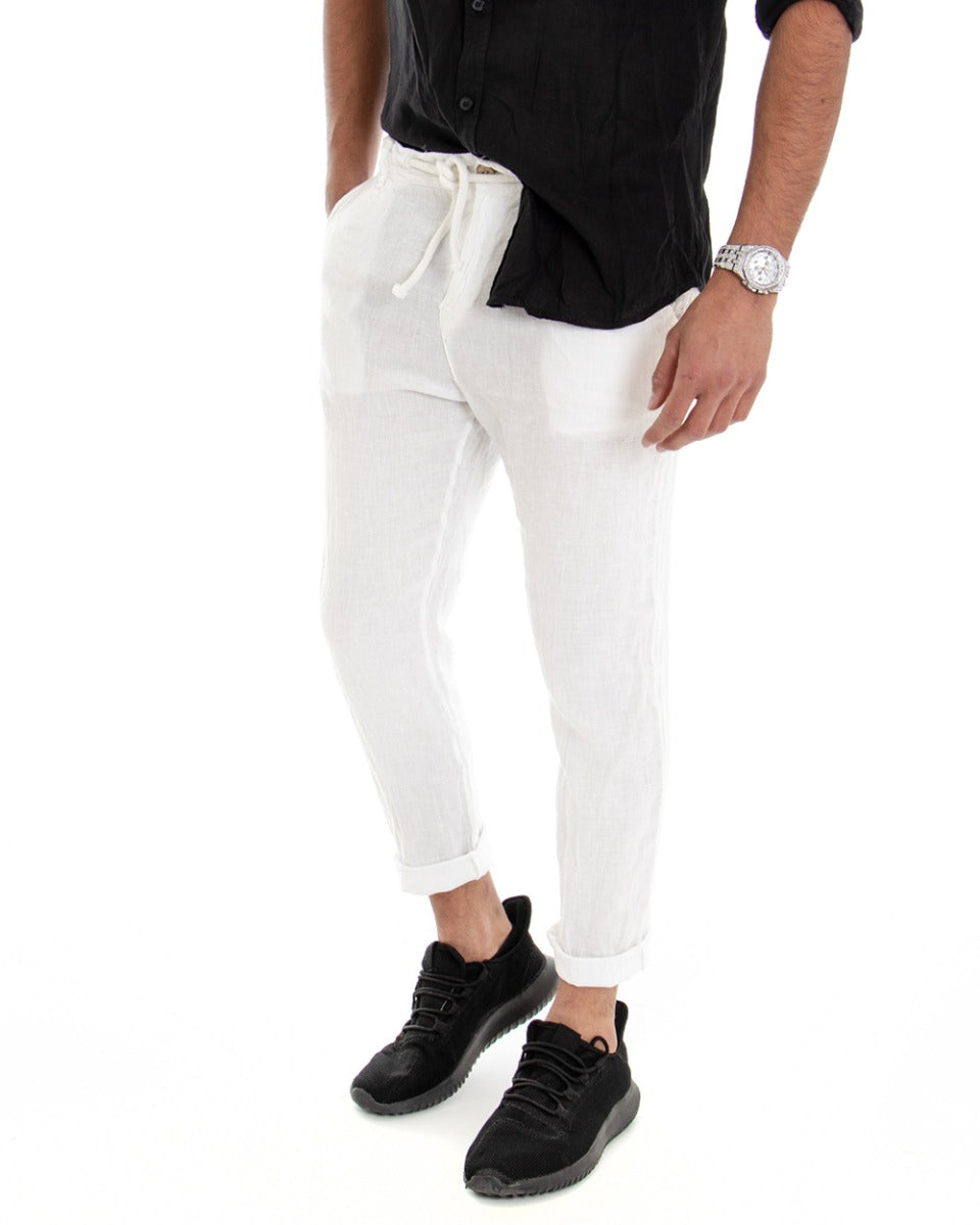 Pantaloni Uomo Tasca America Lino Tinta Unita Bianco Casual Laccio GIOSAL-P3747A