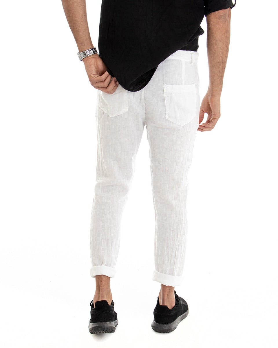 Pantaloni Uomo Tasca America Lino Tinta Unita Bianco Casual Laccio GIOSAL-P3747A