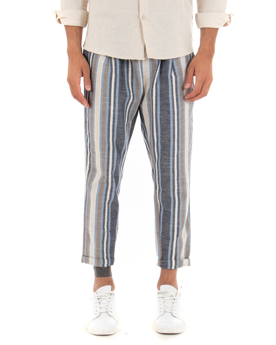 Pantaloni Uomo Pantalaccio Elastico Coulisse Lino Righe Rigato Blu Multicolore Casual GIOSAL-P3798A