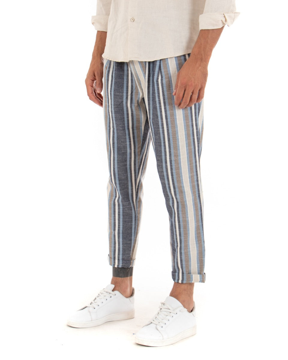 Pantaloni Uomo Pantalaccio Elastico Coulisse Lino Righe Rigato Blu Multicolore Casual GIOSAL-P3798A