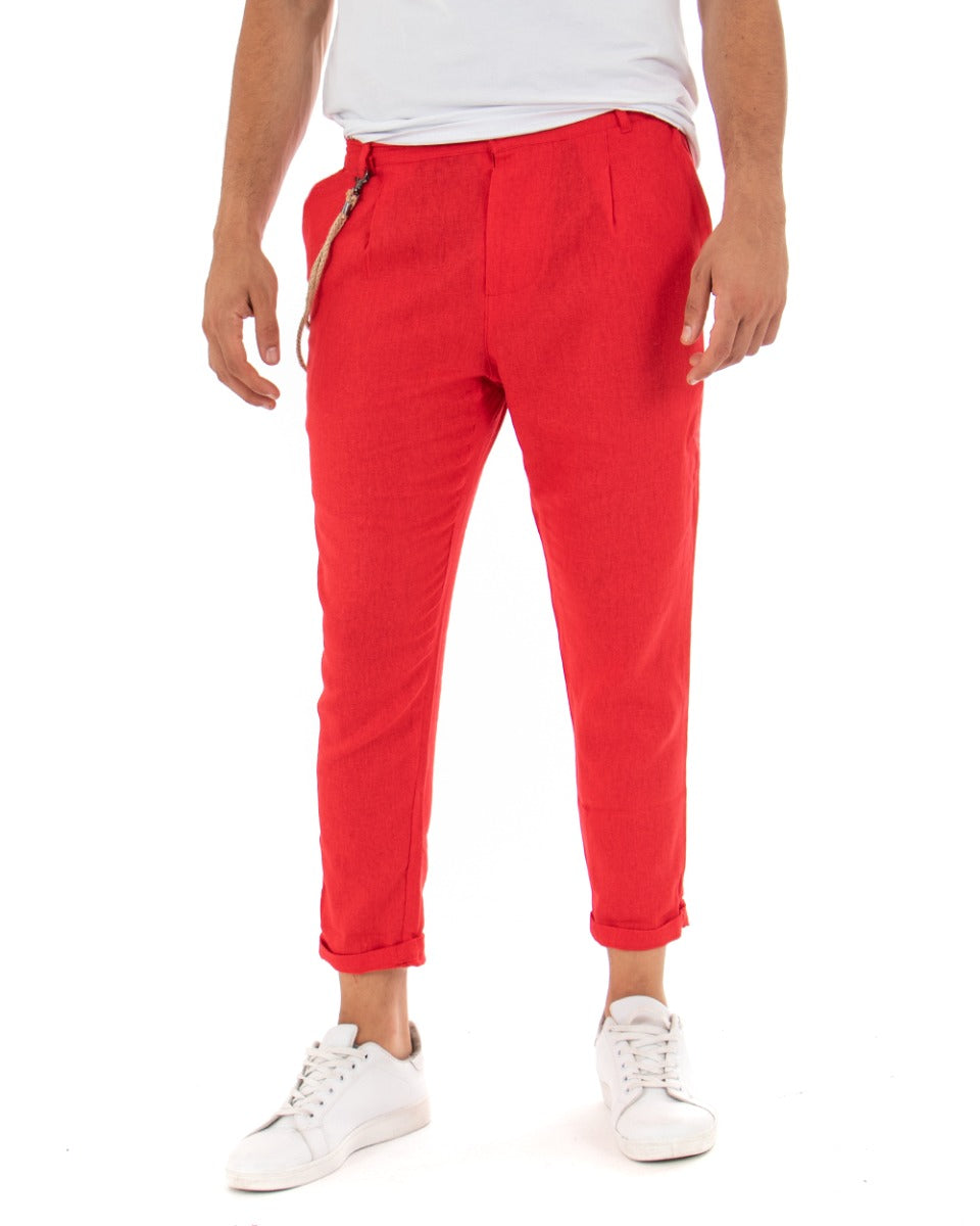 Pantaloni Uomo Lino Tinta Unita Rosso Elegante Tasca America Con Pinces GIOSAL-P3838A