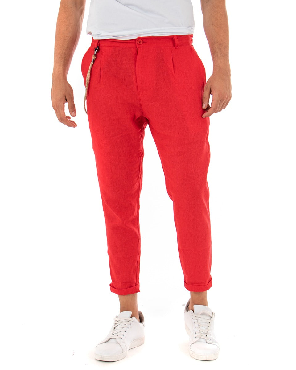 Pantaloni Uomo Lino Tinta Unita Rosso Elegante Tasca America Con Pinces GIOSAL-P3838A