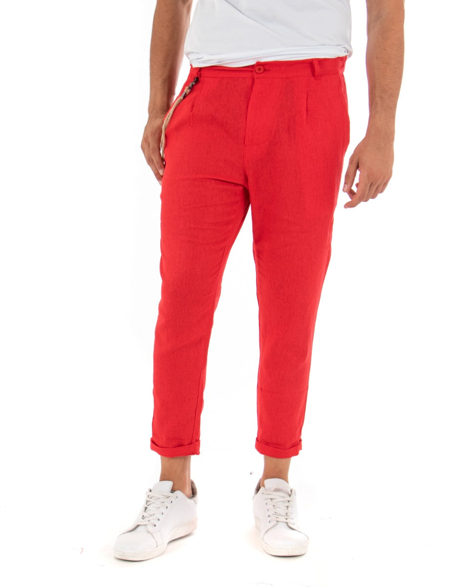 Pantaloni Uomo Lino Tinta Unita Rosso Elegante Tasca America Con Pinces GIOSAL-P3838A