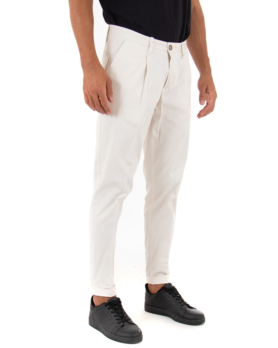 Pantaloni Uomo Tasca America Con Pinces Classico Cotone Tinta Unita Panna GIOSAL-P3908A