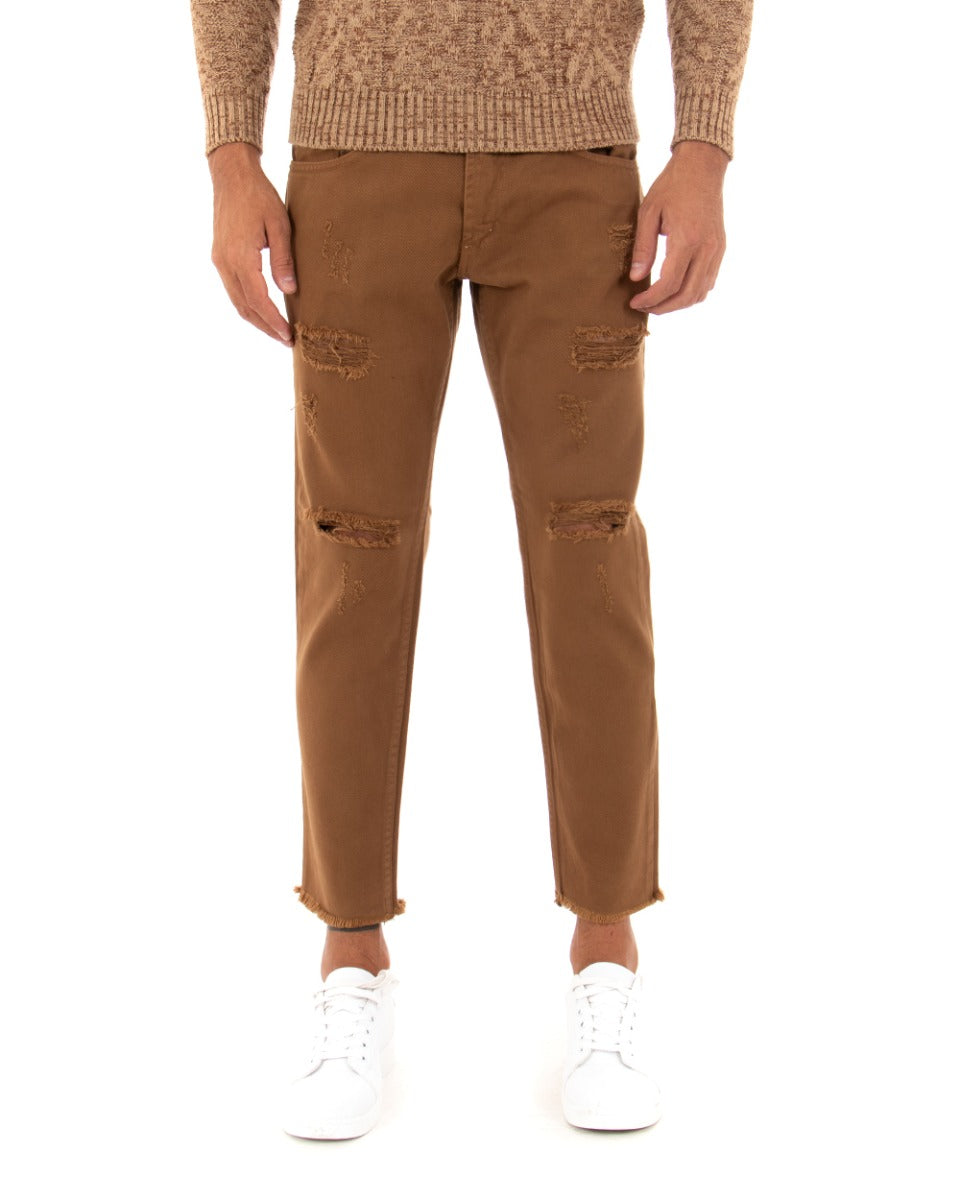 Pantaloni Jeans Con Taglio Al Ginocchio Uomo Slim Fit Tabacco Casual GIOSAL-P4031A