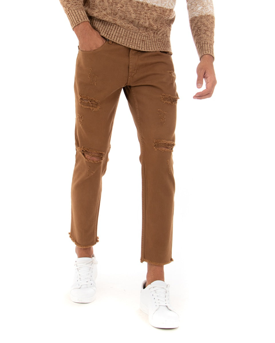 Pantaloni Jeans Con Taglio Al Ginocchio Uomo Slim Fit Tabacco Casual GIOSAL-P4031A