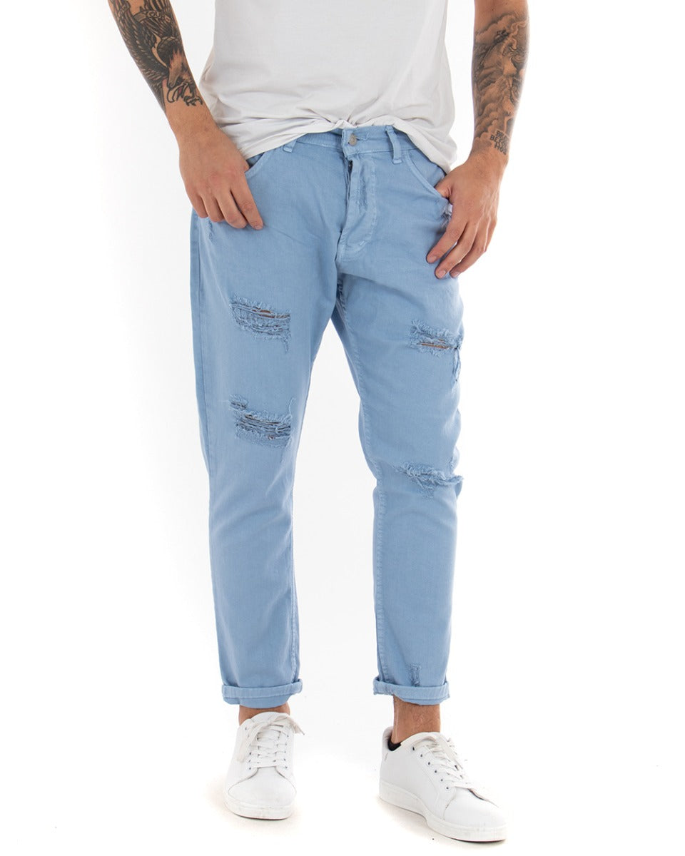 Jeans Uomo Loose Fit Pantaloni Con Rotture Casual Basic Azzurro P4089A