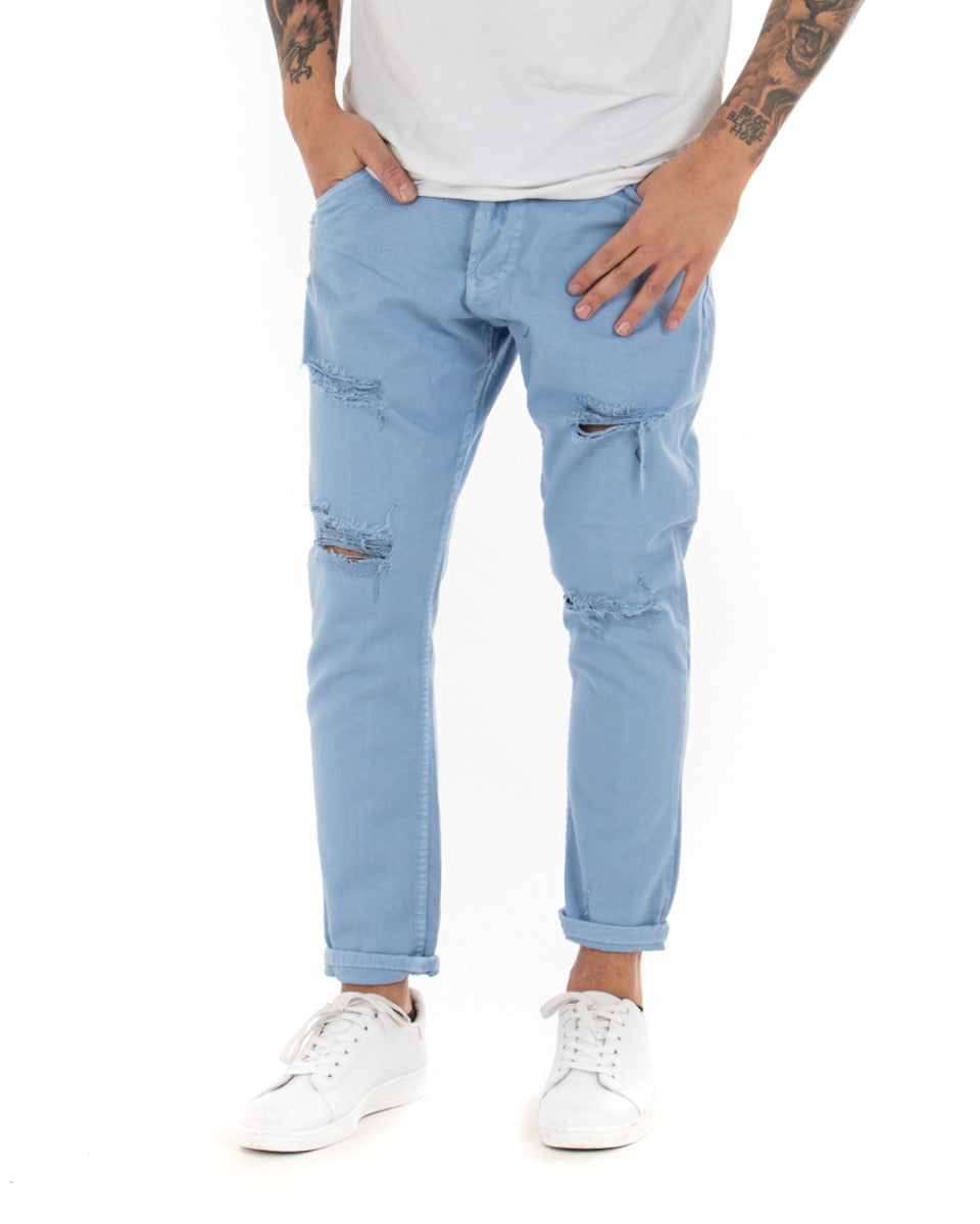 Jeans Uomo Loose Fit Pantaloni Con Rotture Casual Basic Azzurro P4089A