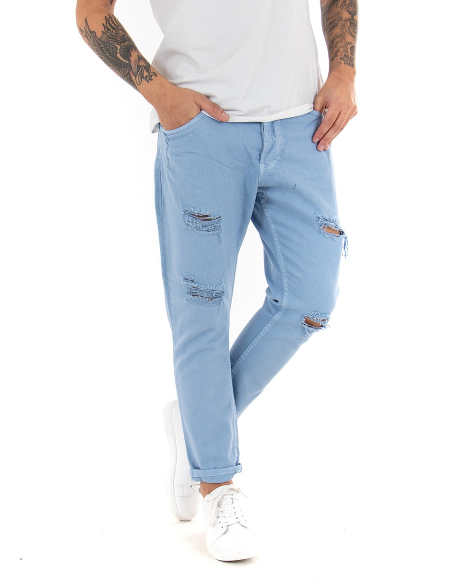 Jeans Uomo Loose Fit Pantaloni Con Rotture Casual Basic Azzurro P4089A