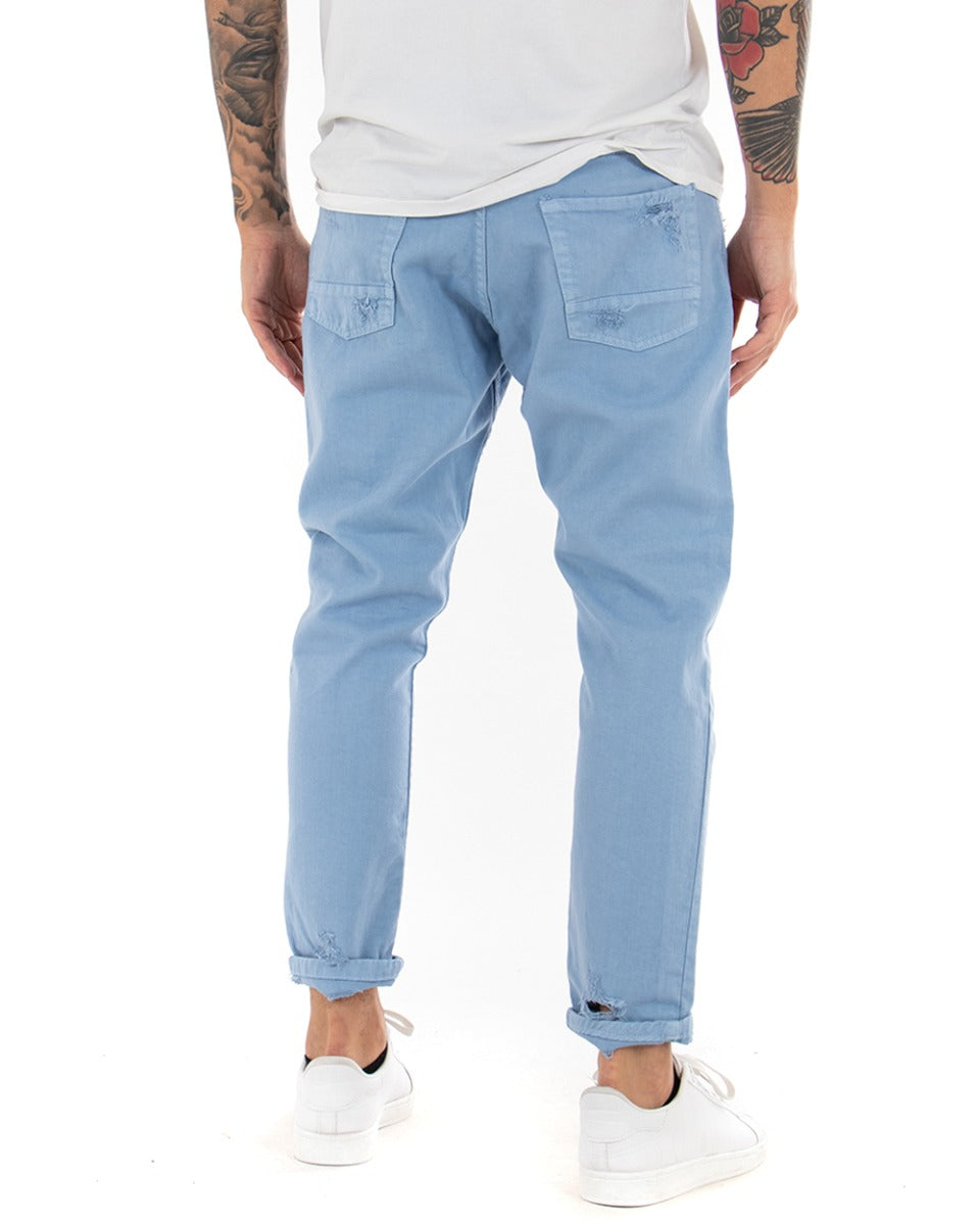 Jeans Uomo Loose Fit Pantaloni Con Rotture Casual Basic Azzurro P4089A