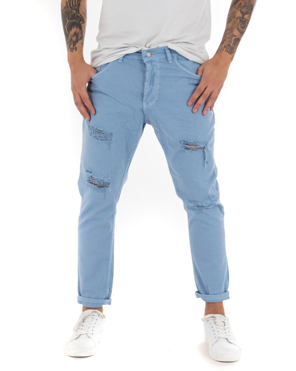 Jeans Uomo Loose Fit Pantaloni Con Rotture Casual Basic Azzurro P4089A