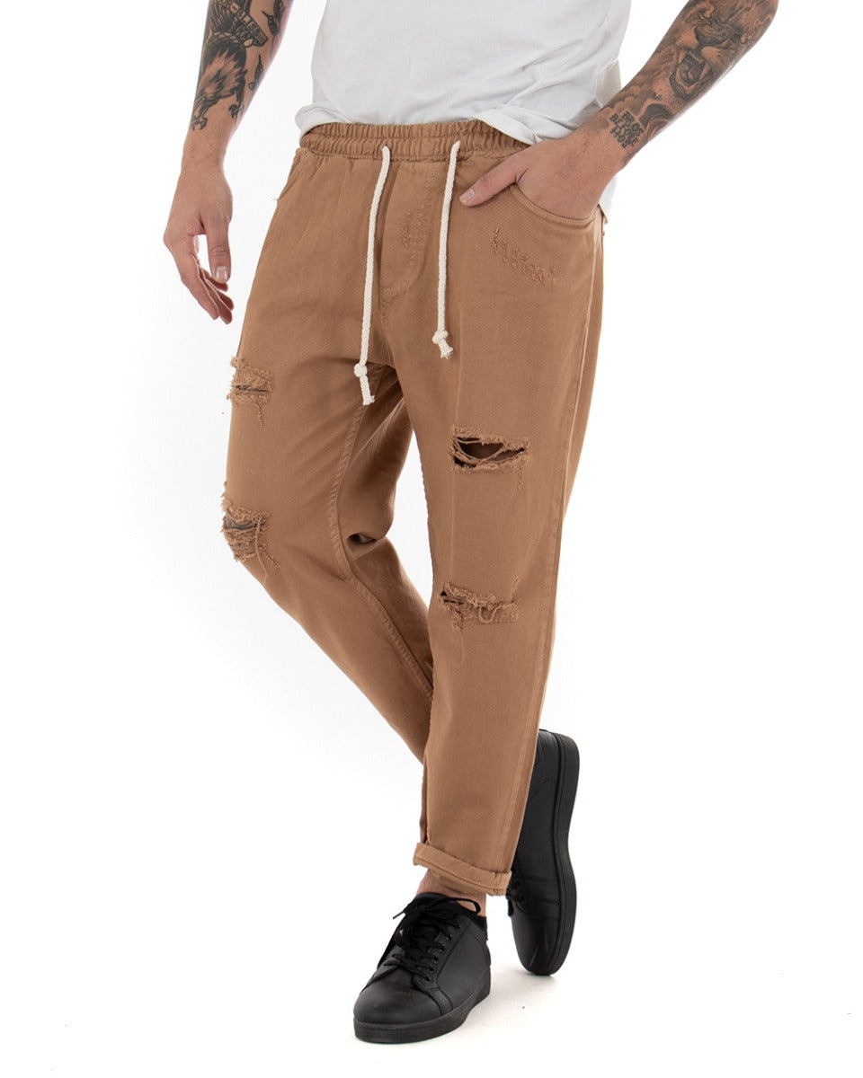 Jeans Jogger Cotone Loose Fit Rotture Camel P4097A