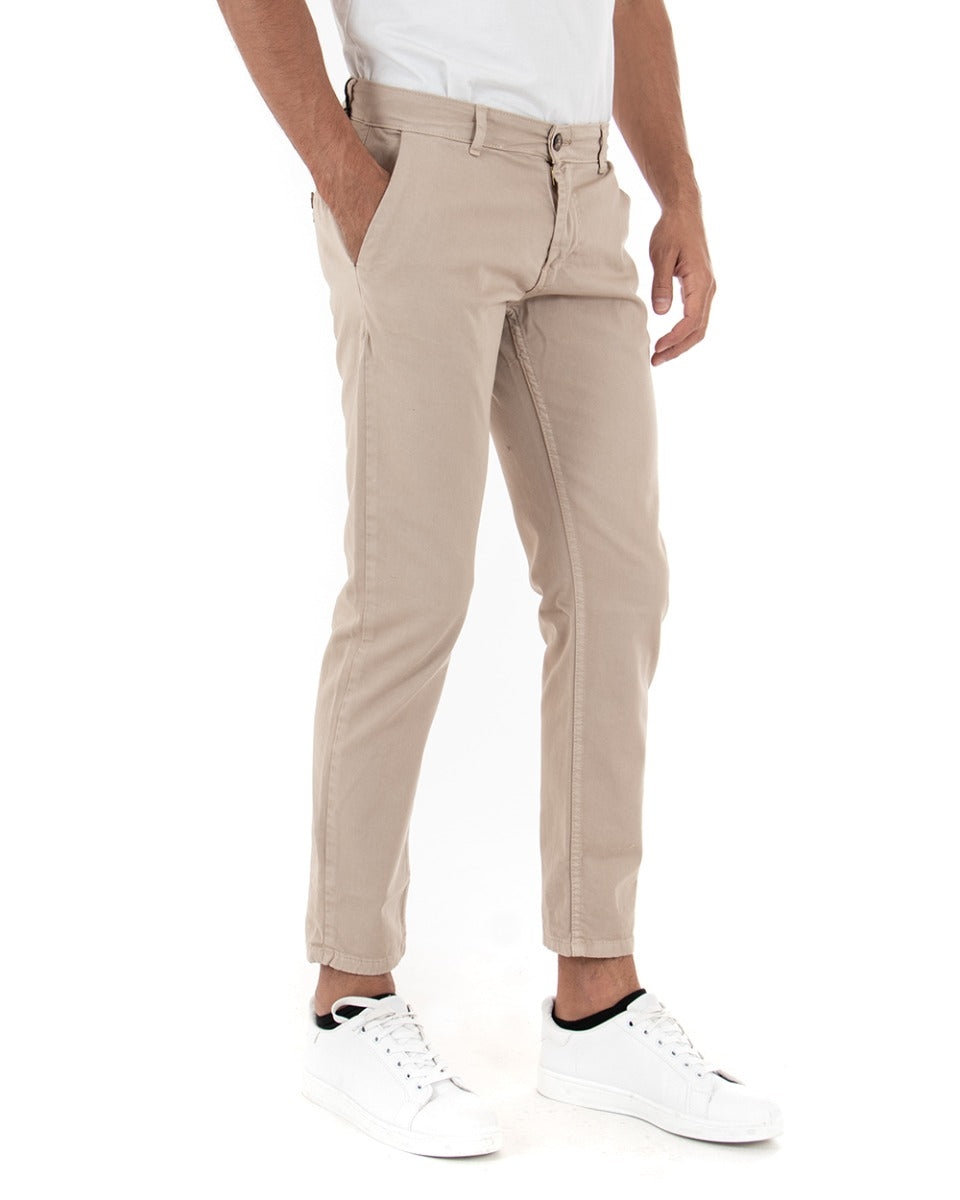 Pantaloni Uomo Slim Cotone Elastico Classico Con Tasca America Basic Beige GIOSAL-P5003A