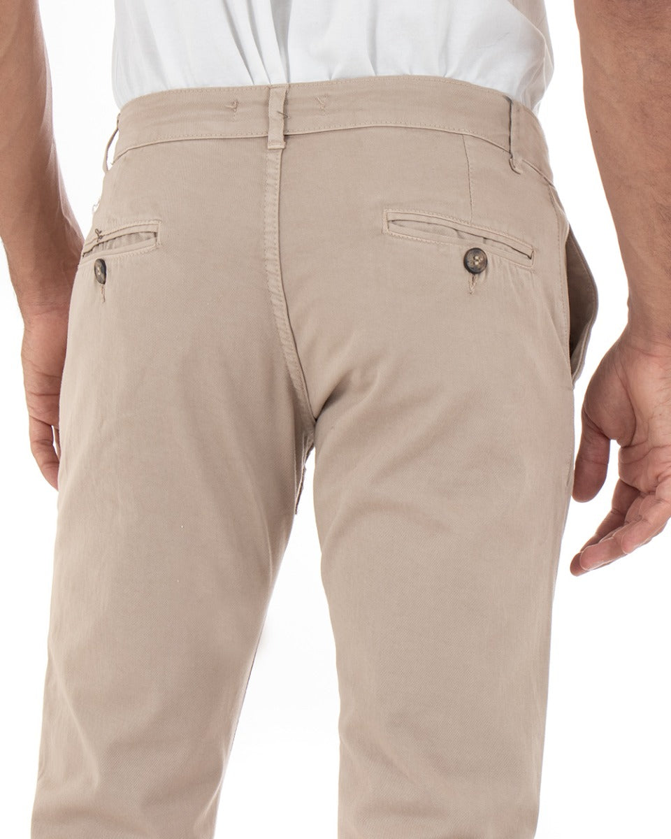 Pantaloni Uomo Slim Cotone Elastico Classico Con Tasca America Basic Beige GIOSAL-P5003A
