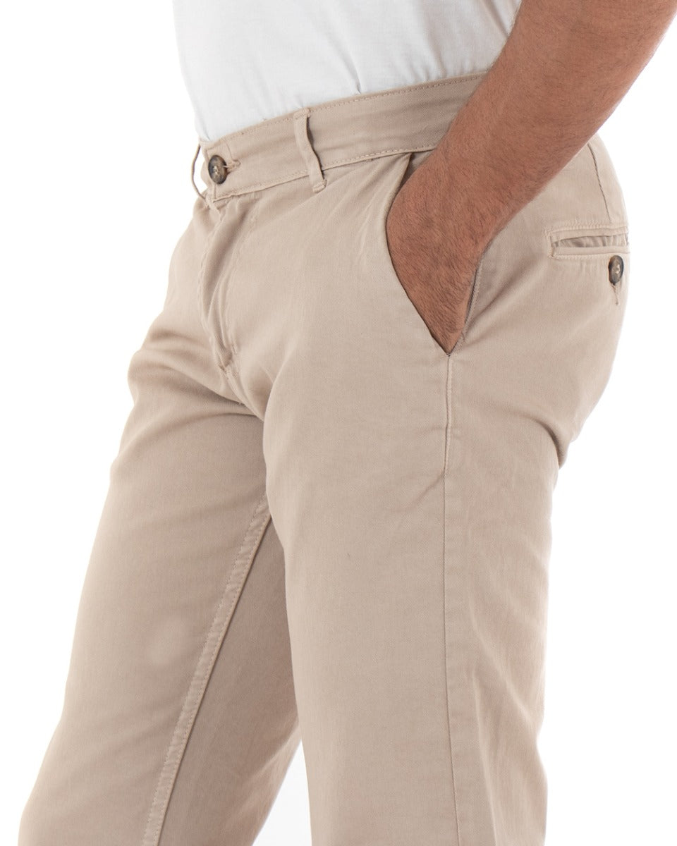 Pantaloni Uomo Slim Cotone Elastico Classico Con Tasca America Basic Beige GIOSAL-P5003A
