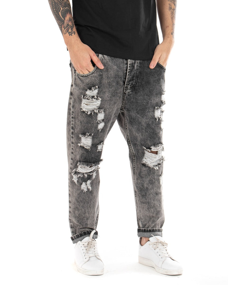 Pantaloni Jeans Uomo Loose Fit Denim Con Rotture Stone Washed Nero Casual GIOSAL-P5058A