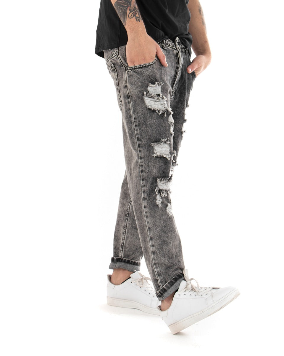 Pantaloni Jeans Uomo Loose Fit Denim Con Rotture Stone Washed Nero Casual GIOSAL-P5058A