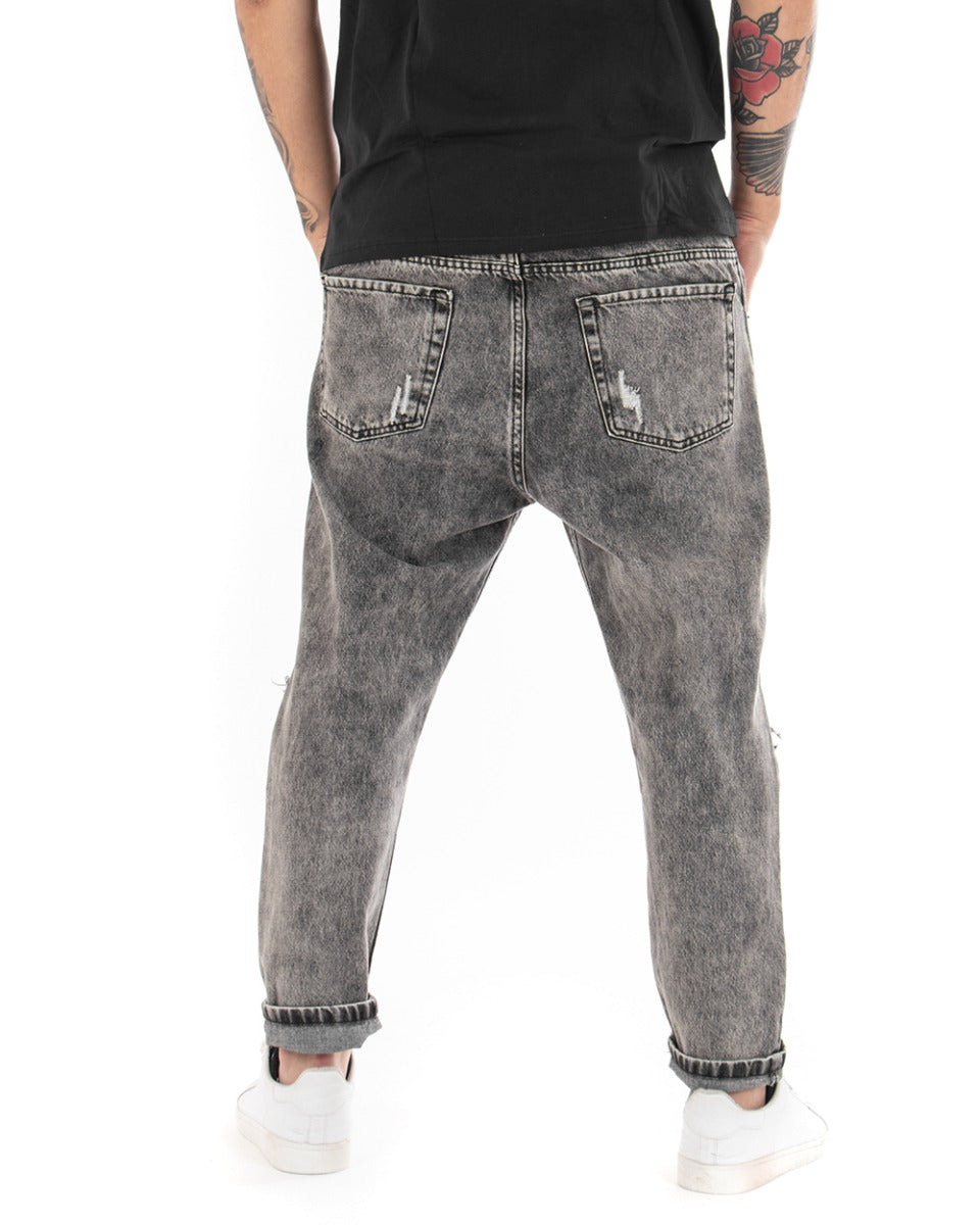 Pantaloni Jeans Uomo Loose Fit Denim Con Rotture Stone Washed Nero Casual GIOSAL-P5058A