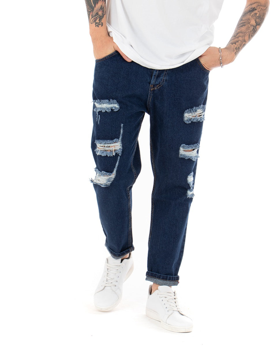 Pantaloni Jeans Uomo Loose Fit Con Rotture Sfrangiato Basic Classico Cinque Tasche Casual Blue Denim GIOSAL-P5064A