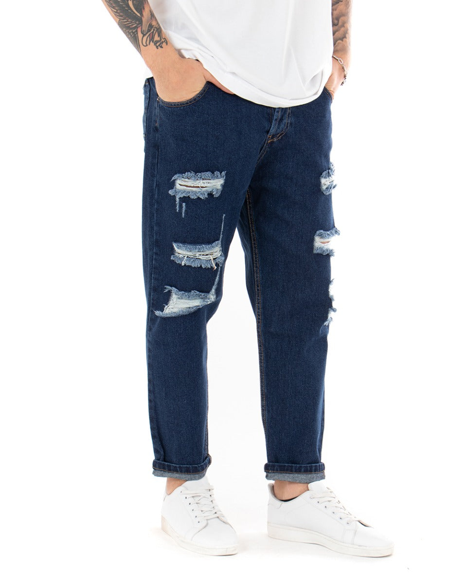 Pantaloni Jeans Uomo Loose Fit Con Rotture Sfrangiato Basic Classico Cinque Tasche Casual Blue Denim GIOSAL-P5064A
