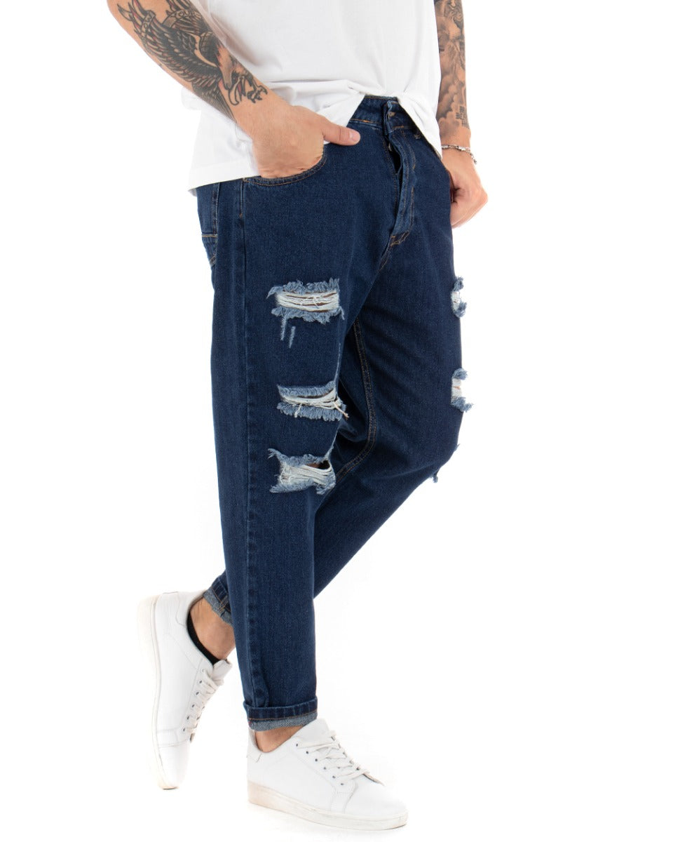 Pantaloni Jeans Uomo Loose Fit Con Rotture Sfrangiato Basic Classico Cinque Tasche Casual Blue Denim GIOSAL-P5064A